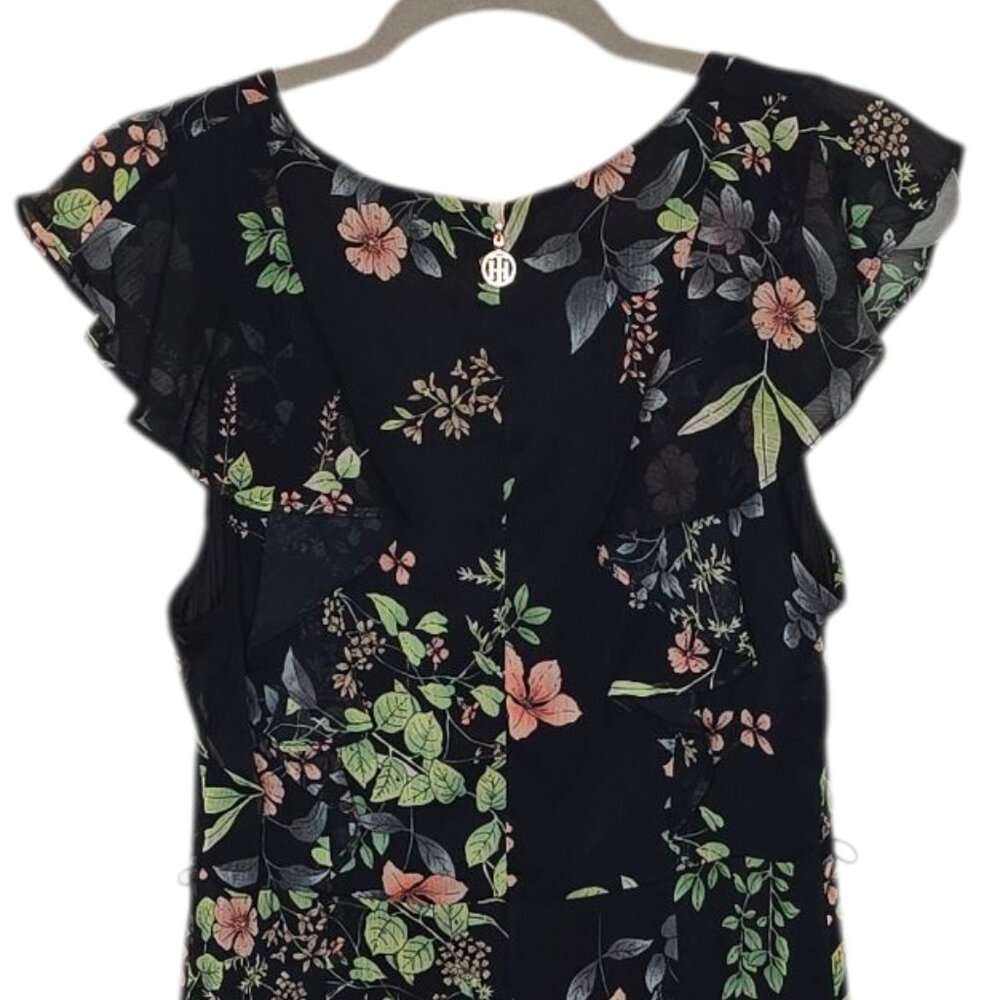 Tommy Hilfiger Floral Midi Dress 10 Black Flutter Sleeve Fit Flare Cottagecore - Picture 4 of 8